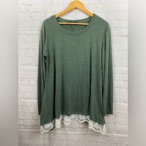 Sanifer Tunic Top Womens Size Large Soft Heather Green Peek-a-boo Lace Hem
